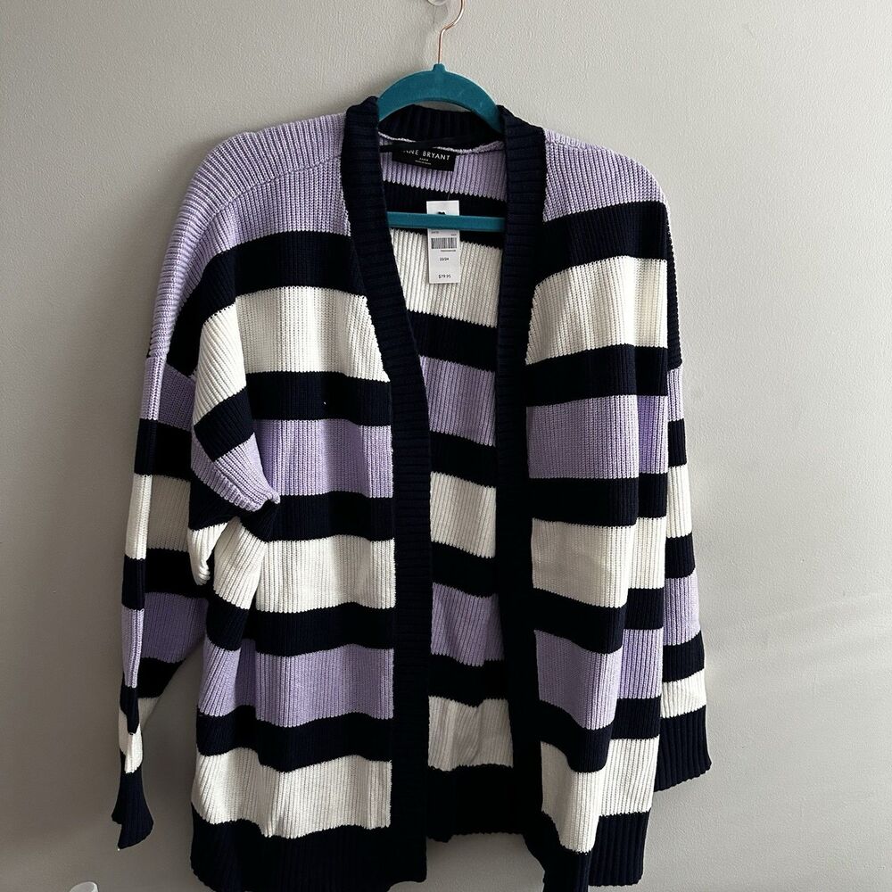 NWT Lane Bryant 22/24 Striped Knit Cardigan Navy Lilac White Open Front